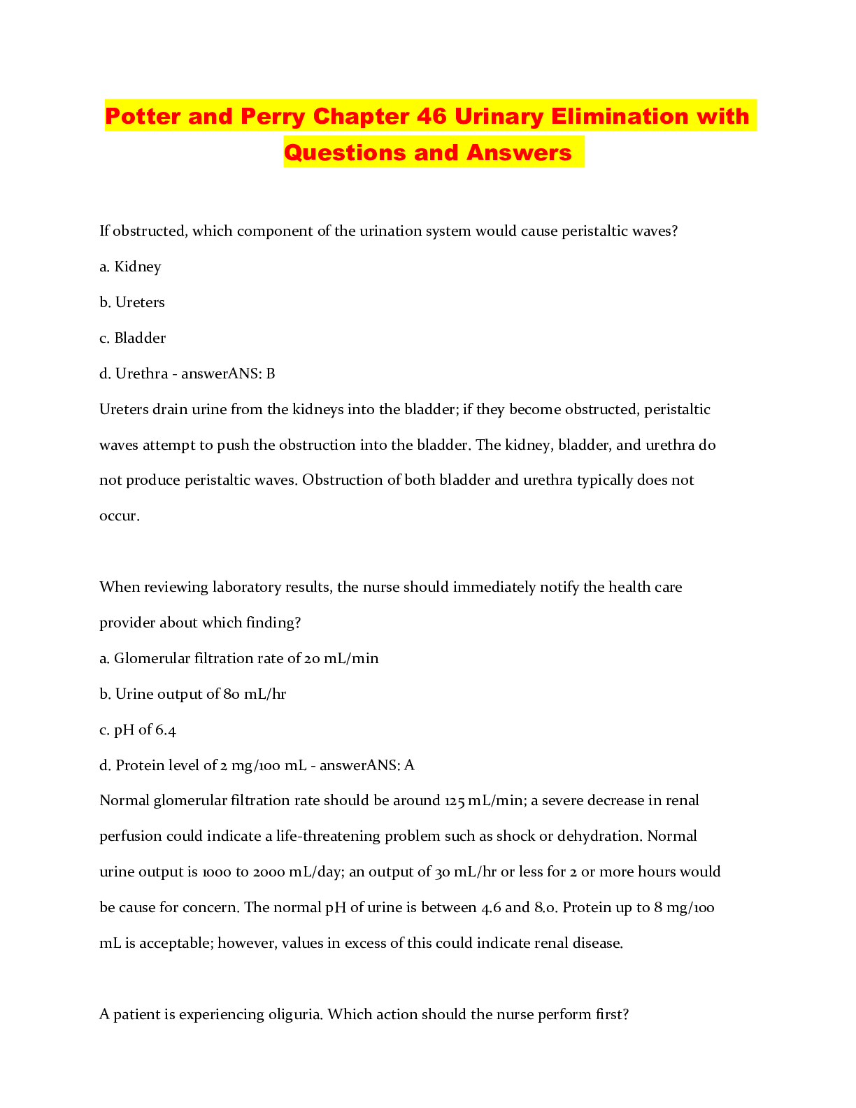 Preview of Potter and Perry Chapter 46 Urinary Elimination with Questions and Answers